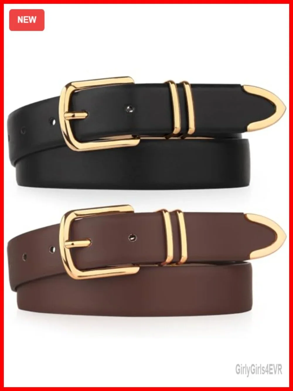 Women's Faux Leather Belts Set of 2 Gold Buckle Casual Dress